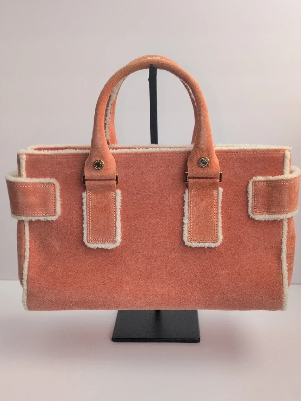 Samantha Thavasa Peach Suede Shearling Trim Handbag